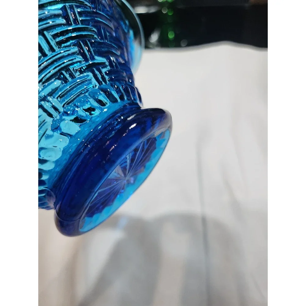 Fenton Style~ Basketweave Basket~ Ruffled~Crimped~Blue Glass~Trinket~Candy Dish
